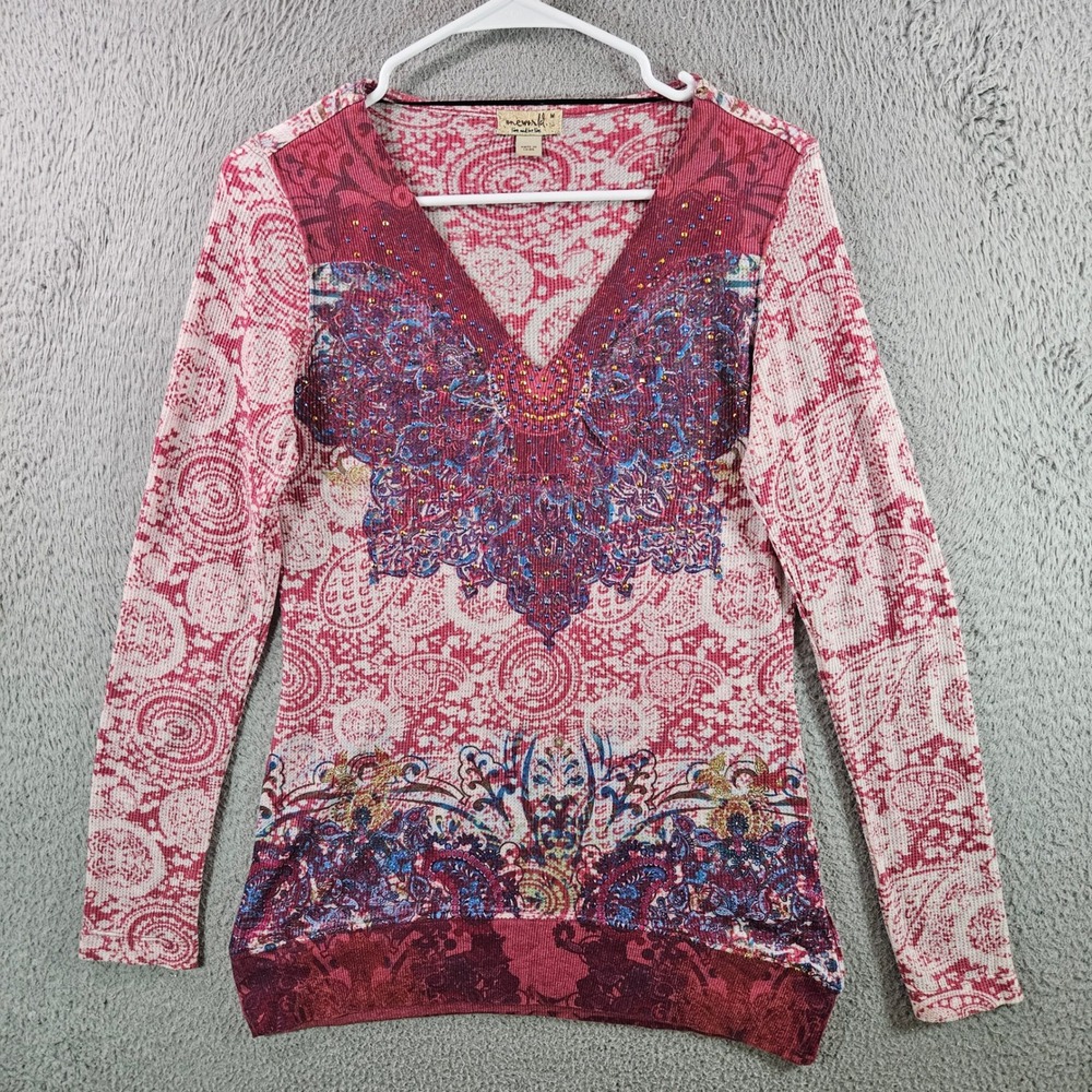 One World Womens Long Sleeve V Neck Embellished Paisley Thermal Top Size M